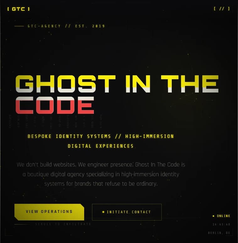 Ghost In The Code agency site showing cyberpunk HUD interface with particle network and scan-line effects