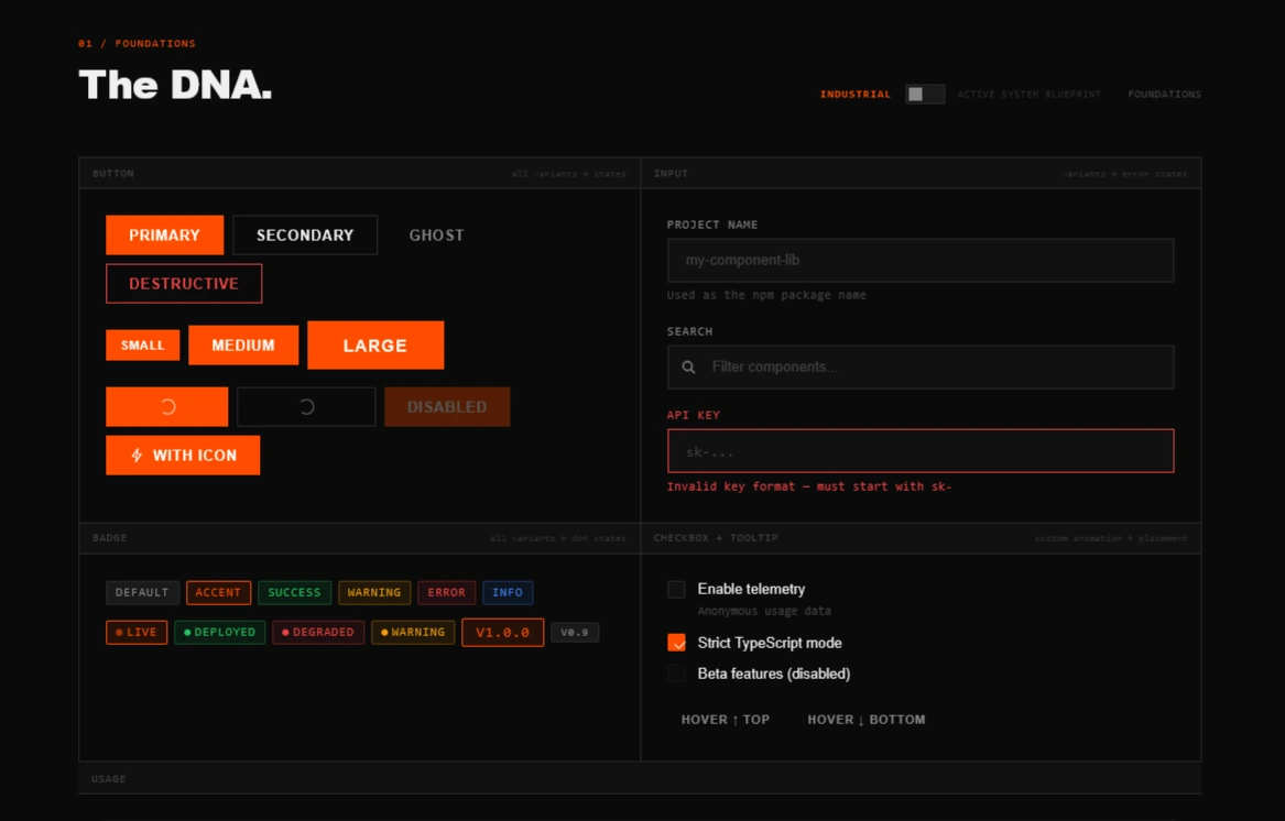 Modern Industrial System showcase page showing the component grid, blueprint anatomy card, and punk theme toggle