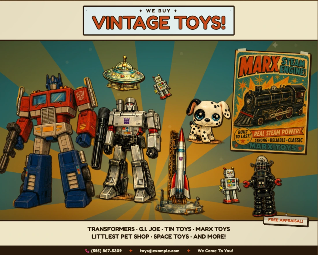 Interactive vintage toys poster showing retro characters and a reveal panel
